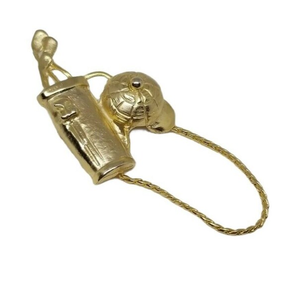 Gold Tone Golf Brooch Clubs Cap Chain Lapel Pin 2" Sports Golfing Golfer Gift - Picture 1 of 7